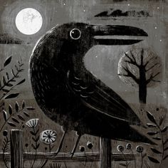 a black bird sitting on top of a wooden fence next to a tree and moon