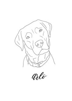 a black and white drawing of a dog with the word arlo on it's chest