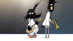 two black birds with long hair playing musical instruments