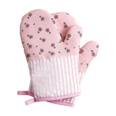 a pair of pink oven mitts with flowers and stripes on the bottom, one has a