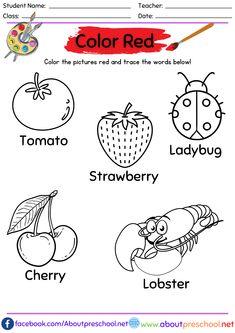 the color red worksheet with pictures and words to help kids learn how to write