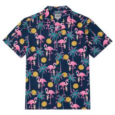 Navy - Men's Performance Woven - Flamingo Short Sleeve Button Up Shirt – Party Pants USA Tropical Cotton Camp Shirt With Camp Collar, Navy Summer T-shirt, Blue Beachwear Shirt For Vacation, Cotton Camp Shirt With Palm Tree Print, Beach Shirt With Relaxed Fit And Camp Collar, Summer Beach T-shirt With Camp Collar, Blue Camp Collar Shirt For Summer, Blue Camp Shirt For Beach Vacation, Summer Blue Shirt With Camp Collar