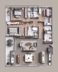 an overhead view of a two bedroom, one bath apartment with living room and dining area