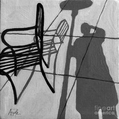 black and white painting of a person standing next to a chair with a shadow on it