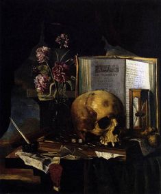 a still life with a skull, flowers and an open book