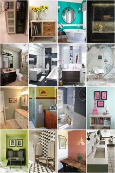 a collage of different rooms and bathrooms