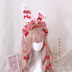 Sweet Mother Hand Pink Blue Lolita Ci Sweet Bunny Ears Lolita Headband KC Strawberry Candy Rabbit Kawaii Wigs, Handmade Bunny, Candy Hair, Cosplay Hair, Kawaii Hairstyles, Kawaii Fashion Outfits, Kawaii Accessories, Anime Hair, Hair Reference