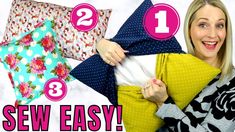 a woman is holding up several different types of pillows and the words sew easy