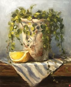 a painting of a potted plant next to a lemon on a table with a white cloth