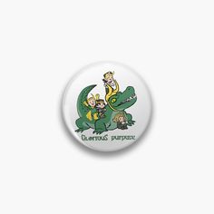 a button with an image of two people riding on top of a green dragon