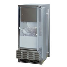 an empty refrigerator with ice in it on a white background