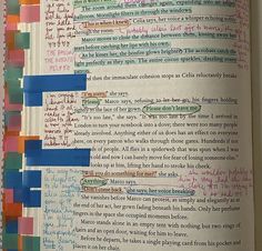 an open book with writing on it and colored papers in the pages that have been altered