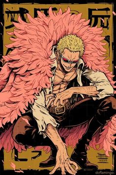 an anime character with pink feathers on his head and chest, kneeling down in front of a