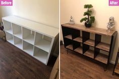 before and after shots of a bookcase in a living room with wood flooring