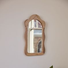 a mirror hanging on the wall next to a potted plant