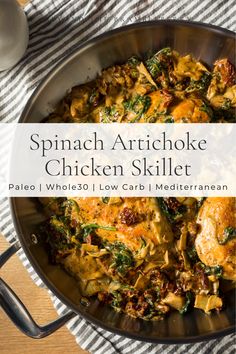 spinach artichoke chicken skillet in a pan on top of a table