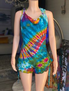 Spandex tie dye romper with hoodie One size Summer Festival Stretch Jumpsuits And Rompers, Summer Bubble Romper For Loungewear, Fitted Bubble Romper For Summer Loungewear, Casual Fitted Bubble Romper For Loungewear, Casual Fitted Bubble Romper For Beach, Casual Fitted Bubble Romper For The Beach, Fitted Casual Bubble Romper For Beach, Sleeveless Tie Dye Jumpsuits And Rompers For Summer, Casual Green Fitted Bubble Romper