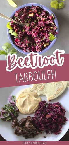 beetroot tabbouleh with hummus and pita bread on the side