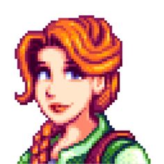 an image of a woman with red hair and green shirt in pixel art style on white background