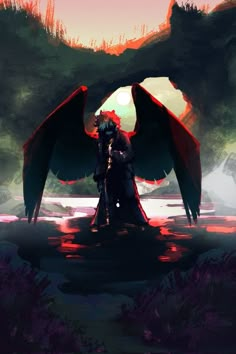 an illustration of a demon standing in the water with his wings spread out and eyes closed