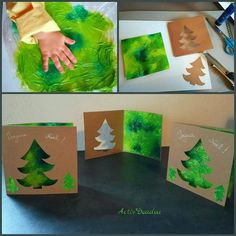 handmade christmas cards made with green watercolors and pine trees on brown paper