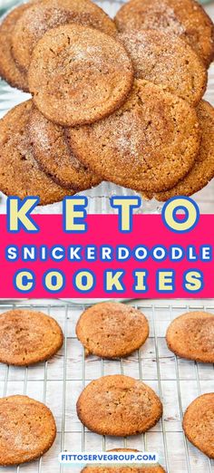 keto snickkerdoodlele cookies on a cooling rack with text overlay