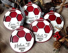 "Commemorate your player's soccer season with a personalized ornament. The background color can be customized to your team colors. Laser-cut wood in two layers, it is personalized with your player's name, number and organization and year to add a personal touch to your ornament. Measuring as a 3.5\" circle, a black and white ribbon is used to hang it. Teams - 15% order of 10+ ornaments, use code ORN15OFF at check out PLEASE COMMENT IN THE NOTES WITH THE NAME, UNIFORM NUMBER. and year" Soccer Team Christmas Gifts, Soccer Team Gifts, Medal Design, Baseball Ornaments, Soccer Hair, Soccer Design, Soccer Season, Award Ideas, Black And White Ribbon