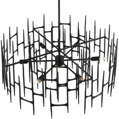 a circular sculpture made out of black metal rods and wires with lights on each end