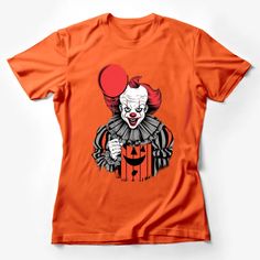 Creepy Clown T-Shirt, Halloween Red Balloon Graphic Tee, Spooky Horror Movie Inspired Shirt, Unisex Female T-Shirt Custom graphic T-Shirt.Customize your color Red Short Sleeve T-shirt For Fall, Spooky Orange Crew Neck Top, Red Screen Print T-shirt For Fall, Red Novelty Cotton T-shirt, Orange Crew Neck Top With Character Print, Red Graphic Tee For Fall, Halloween Pop Culture T-shirt With Funny Print, Red Cotton Novelty T-shirt, Orange Character Print Short Sleeve Top