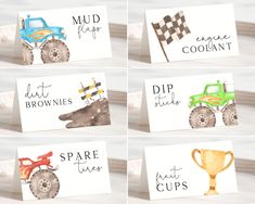 four cards with different designs and words on them, each featuring a tractor holding a trophy