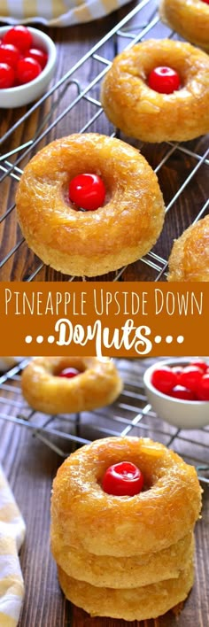 pineapple upside down donuts on a cooling rack with cherries in the middle