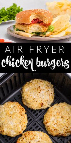 air fryer chicken burgers on the grill with text overlay