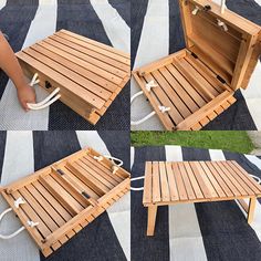 four pictures of a wooden bench with rope attached to the back and sides, on a black and white striped rug