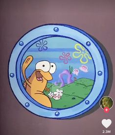 an image of a cartoon character on a plate with flowers and fish in the background