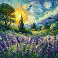 a painting of lavenders and the sun