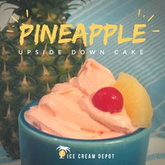 a pineapple upside down cake in a blue bowl with a pineapple on top