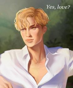 a painting of a man with blonde hair wearing a white shirt that says yes, love?