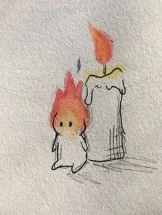 a drawing of a burning candle and a person