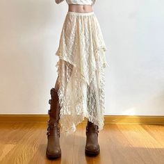 Lasaky - Chic Lace Irregularly Designed Relaxation Vacation Low-Waist Midi Skirt - Sheer Floor-Length Skirt for Leisure Holiday Skirts, Y2k Skirt, Mid Skirt, Tiered Midi Skirt, Bohemian Skirt, Basic Skirt, Y2k Boho, Y2k Dress, Floor Length Skirt