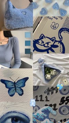 a collage of photos with blue and white designs on them, including an eye