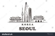 Sketsa Kota Seoul, Korean City, Furniture Illustration, Embroidery Gown, Skyline Tattoo, Korea Południowa