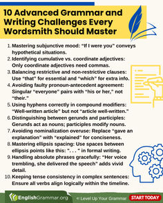 a poster with the words, 10 advanced grammar and writing challenges every word is should master