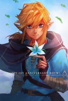 an anime character holding a flower in his hand and the caption says happy 1st anniversary bow