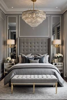 a bedroom with a large bed and chandelier