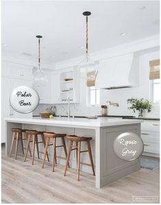 a white kitchen with wooden stools and an island in the middle, surrounded by bar stools