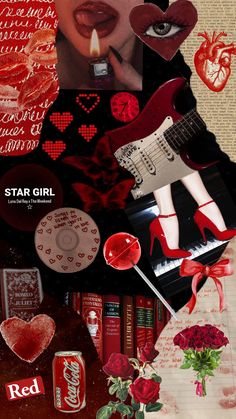 collage with red lipstick, heart shapes and various items