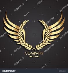 golden logo with wings and laurels on black background for company name or business card