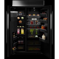 an open refrigerator with its door wide open and food in the freezer compartment on both sides