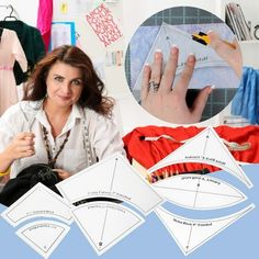 a woman sitting on top of a table next to paper cut outs and sewing supplies