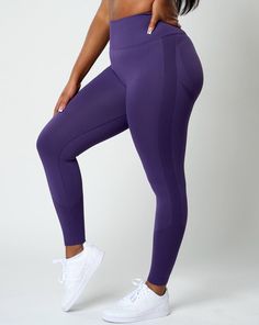 Ships within 48 hours M-F Featuring a high waist and a compressed waistband for a flattering fit, these SUJEY Scrunch Leggings in Amethyst are crafted with a buttery soft and ultra-stretch seamless knit fabric. The strategic ruched detail adds a stylish accent to the design, allowing for a comfortable and sleek look. Perfect for working out or relaxing at home, these leggings will be a wardrobe staple. Run small, we recommend sizing up for a better fit High waisted legging 3" waistband Elastic w Training Tights With Wide Waistband, Purple Micro-elastic Activewear For Workout, Micro-elastic Purple Activewear For Workout, Functional Purple Leggings For Training, Athleisure High-waist Tights With Contoured Waistband, High-waist Athleisure Tights With Contoured Waistband, High Waist High Stretch Purple Bottoms, High Waist Athleisure Leggings With Wide Waistband, High Stretch Purple Yoga Pants